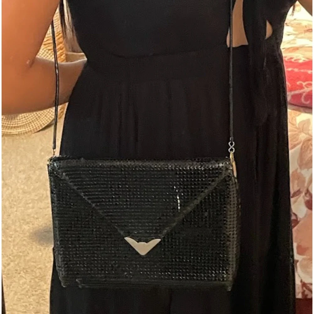 Vtg 1980s Black Metal Mesh Evening Bag Crossbody Envelope Clutch Purse